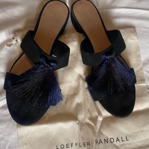 Loeffler Randall Rubie black & navy suede tassel slide sandals 1" heel Size 8